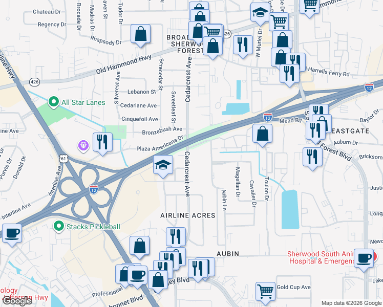 map of restaurants, bars, coffee shops, grocery stores, and more near 2767 Cedarcrest Avenue in Baton Rouge