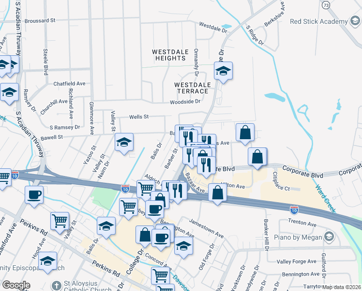 map of restaurants, bars, coffee shops, grocery stores, and more near 2435 Barber Street in Baton Rouge