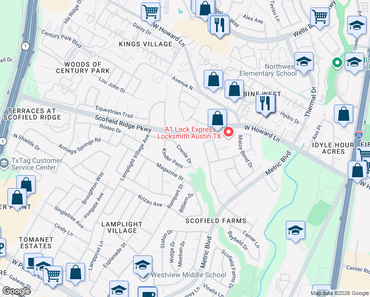 map of restaurants, bars, coffee shops, grocery stores, and more near 1919 Creole Drive in Austin