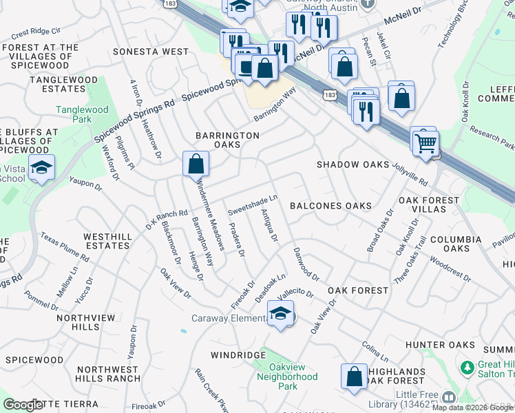 map of restaurants, bars, coffee shops, grocery stores, and more near 11505 Charred Oak Drive in Austin