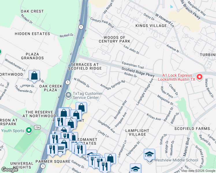 map of restaurants, bars, coffee shops, grocery stores, and more near 2402 North Shields Drive in Austin