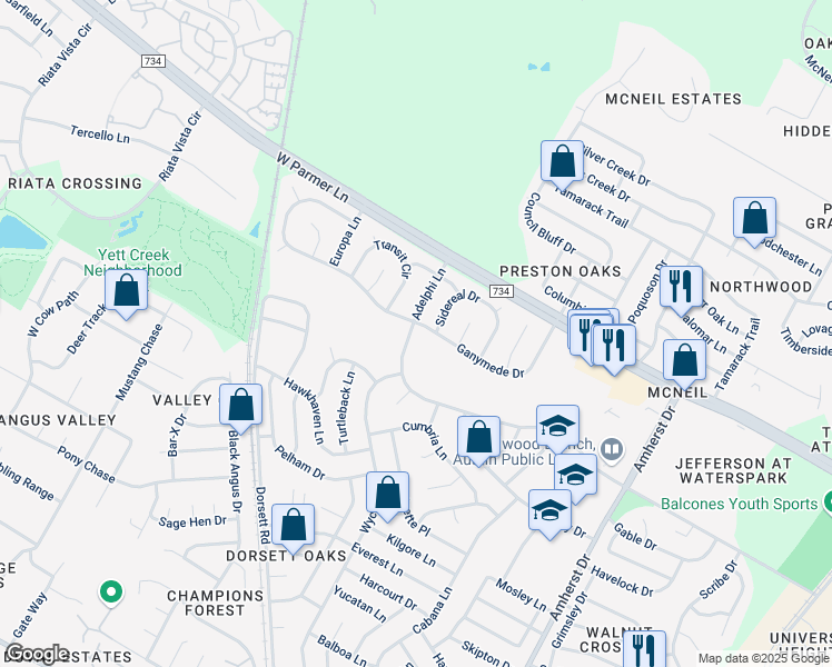 map of restaurants, bars, coffee shops, grocery stores, and more near 4611 Ganymede Drive in Austin