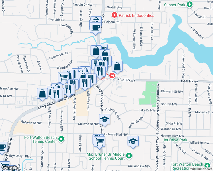map of restaurants, bars, coffee shops, grocery stores, and more near 407 Marshall Court in Fort Walton Beach