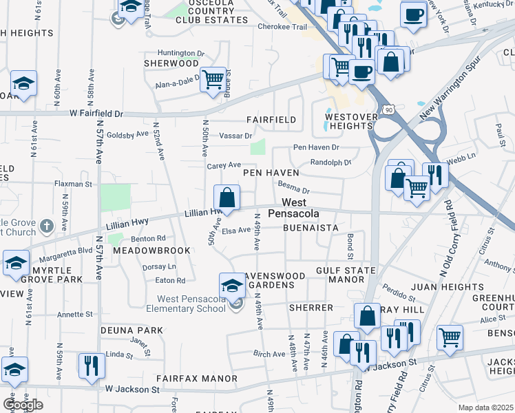 map of restaurants, bars, coffee shops, grocery stores, and more near Lillian Hwy & N 49th Ave in West Pensacola