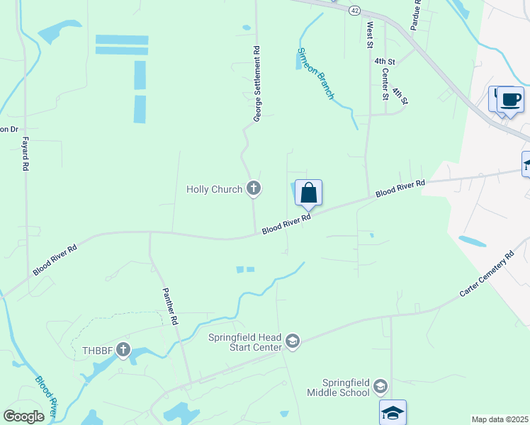 map of restaurants, bars, coffee shops, grocery stores, and more near 24815 Blood River Road in Springfield