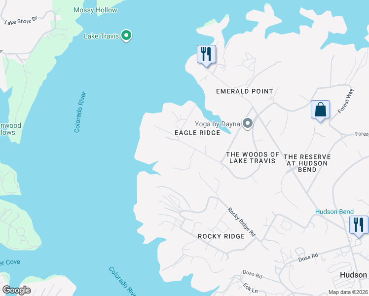 map of restaurants, bars, coffee shops, grocery stores, and more near 17303 West Beach Road in Austin