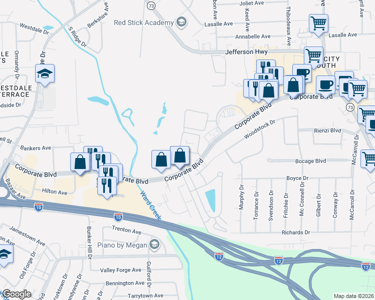 map of restaurants, bars, coffee shops, grocery stores, and more near 6765 Corporate Boulevard in Baton Rouge