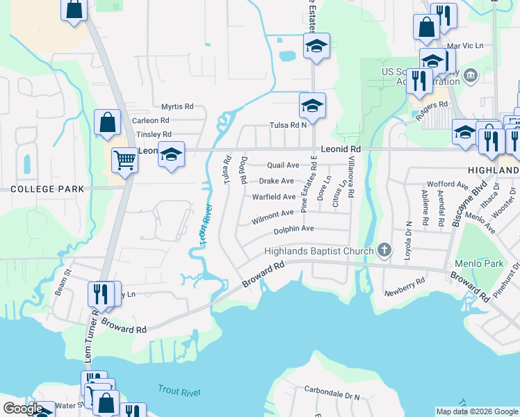 map of restaurants, bars, coffee shops, grocery stores, and more near 2460 Wilmont Avenue in Jacksonville