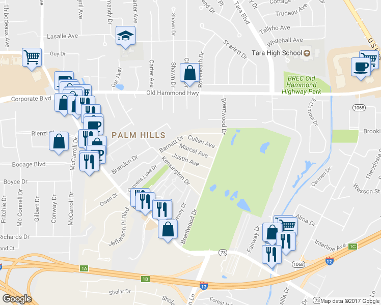 map of restaurants, bars, coffee shops, grocery stores, and more near 2611 Plaza Drive in Baton Rouge