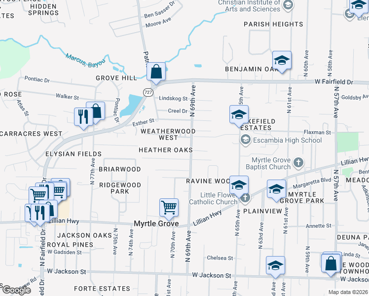 map of restaurants, bars, coffee shops, grocery stores, and more near 1305 North 69th Avenue in Pensacola