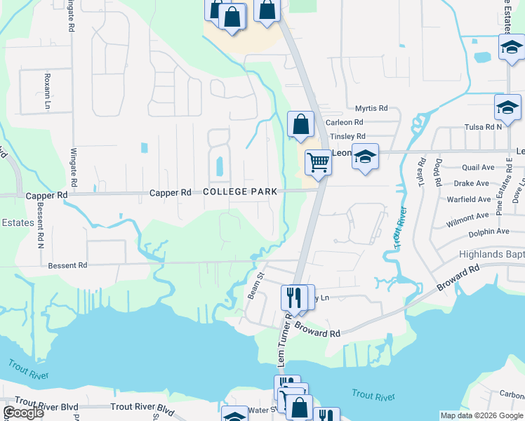 map of restaurants, bars, coffee shops, grocery stores, and more near 10542 Maidstone Cove Drive in Jacksonville