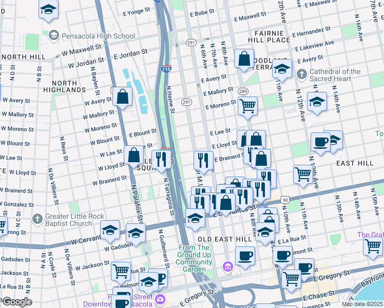 map of restaurants, bars, coffee shops, grocery stores, and more near 320 East Brainerd Street in Pensacola