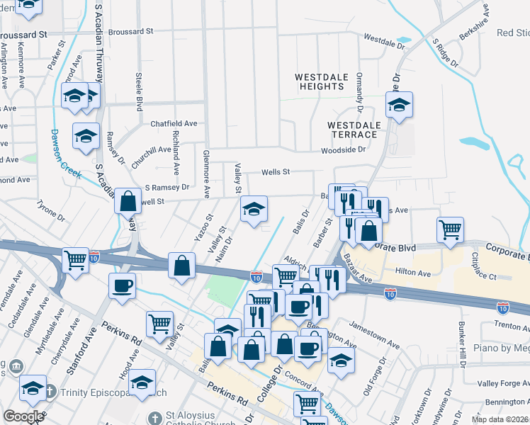 map of restaurants, bars, coffee shops, grocery stores, and more near 4510 Bawell Street in Baton Rouge