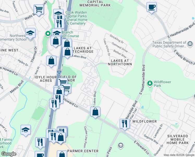 map of restaurants, bars, coffee shops, grocery stores, and more near 14000 The Lakes Boulevard in Pflugerville