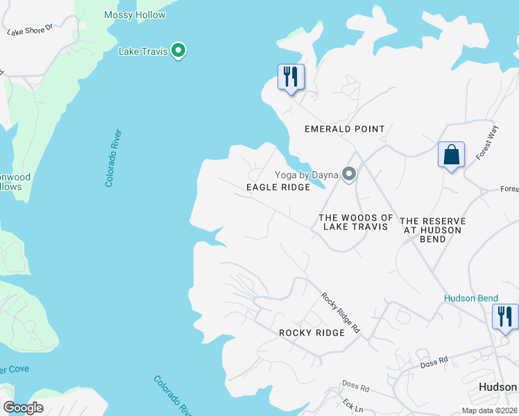 map of restaurants, bars, coffee shops, grocery stores, and more near 17303 West Beach Road in Austin
