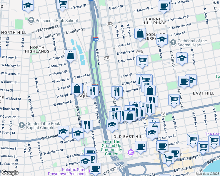 map of restaurants, bars, coffee shops, grocery stores, and more near 320 East Brainerd Street in Pensacola