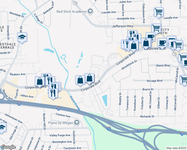 map of restaurants, bars, coffee shops, grocery stores, and more near 6765 Corporate Boulevard in Baton Rouge