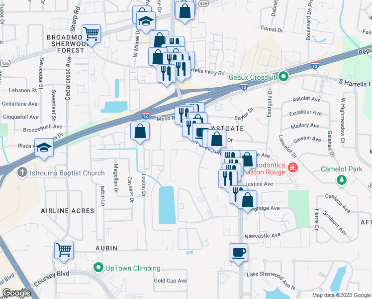 map of restaurants, bars, coffee shops, grocery stores, and more near Maison Deville Avenue in Baton Rouge