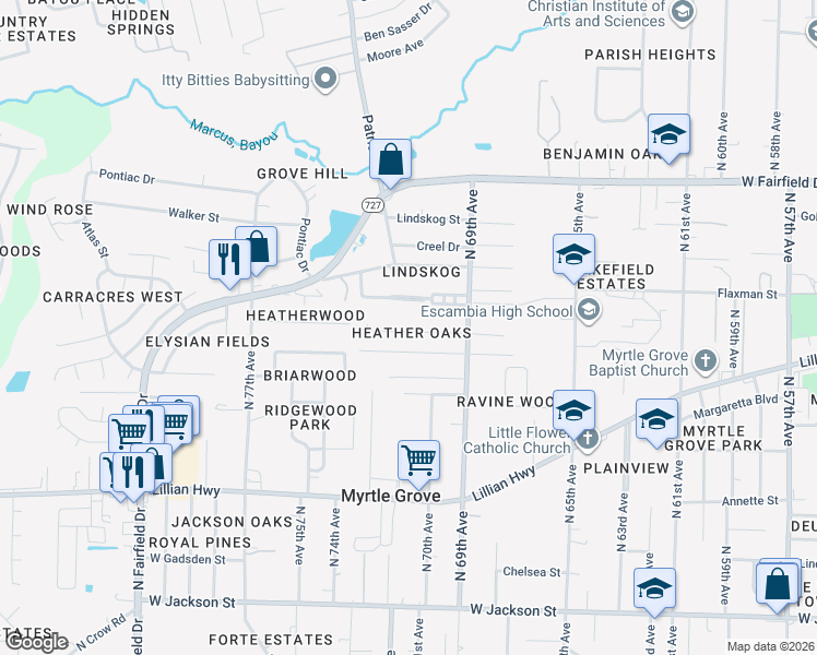 map of restaurants, bars, coffee shops, grocery stores, and more near 7060 Heather Oaks Drive in Pensacola