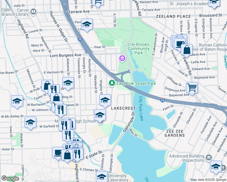 map of restaurants, bars, coffee shops, grocery stores, and more near 2329 Carolina Street in Baton Rouge