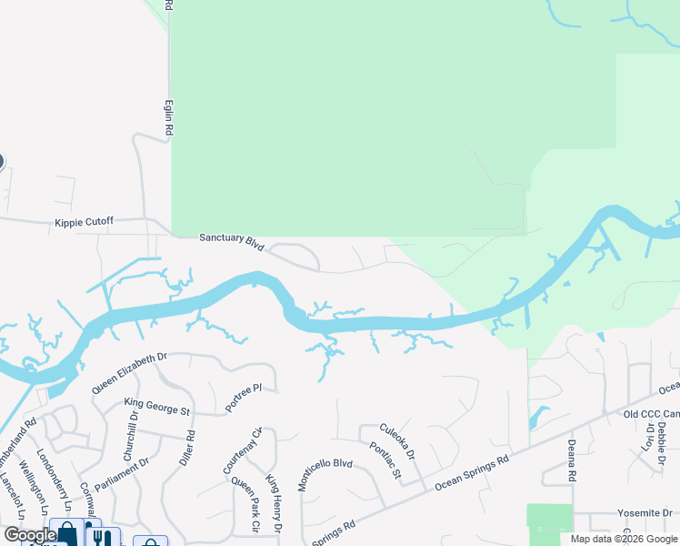 map of restaurants, bars, coffee shops, grocery stores, and more near Sanctuary Boulevard West in Ocean Springs