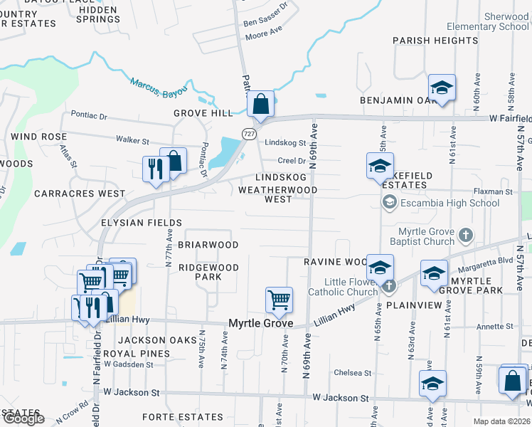 map of restaurants, bars, coffee shops, grocery stores, and more near 7100 Heather Oaks Drive in Pensacola
