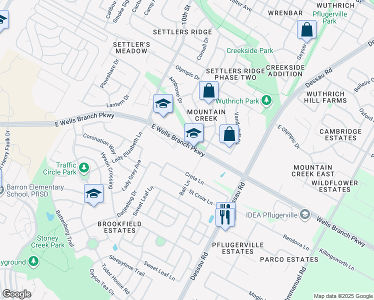 map of restaurants, bars, coffee shops, grocery stores, and more near 1305 East Wells Branch Parkway in Pflugerville