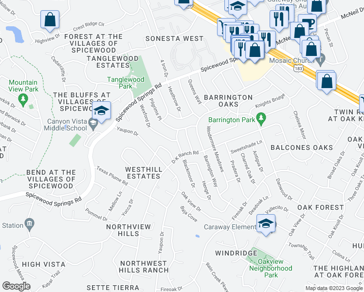 map of restaurants, bars, coffee shops, grocery stores, and more near 11305 Blackmoor Drive in Austin