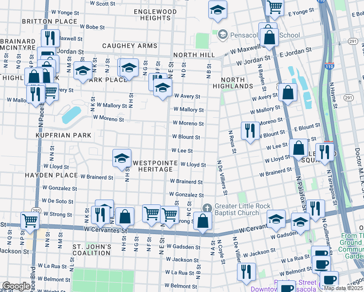 map of restaurants, bars, coffee shops, grocery stores, and more near 1400 North D Street in Pensacola