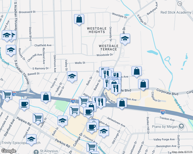map of restaurants, bars, coffee shops, grocery stores, and more near 2332 Balis Drive in Baton Rouge