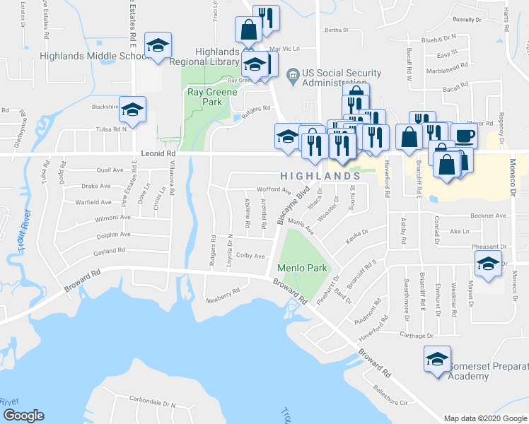 map of restaurants, bars, coffee shops, grocery stores, and more near 10549 Arendal Road in Jacksonville