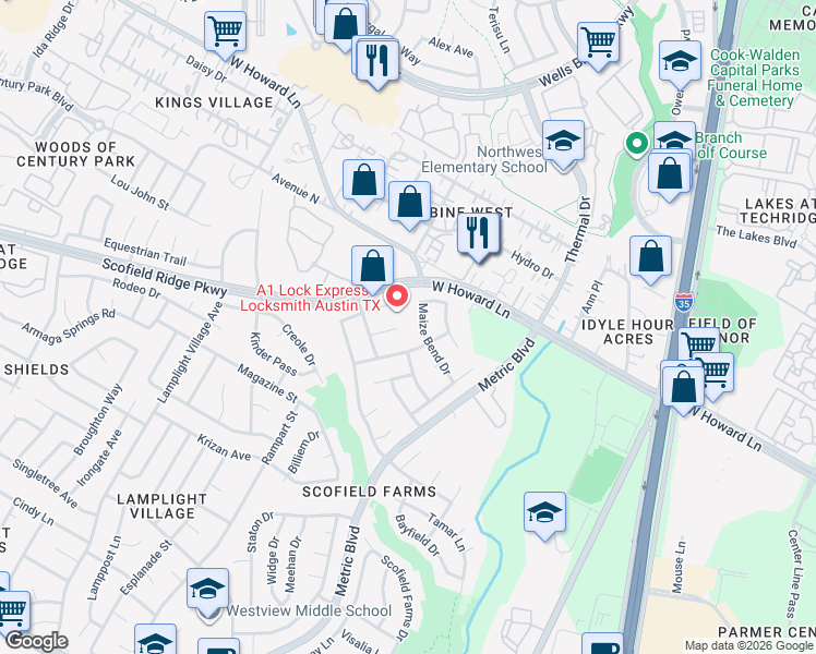 map of restaurants, bars, coffee shops, grocery stores, and more near 1735 Maize Bend Drive in Austin