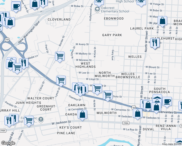 map of restaurants, bars, coffee shops, grocery stores, and more near 1421 Hollywood Avenue in Pensacola
