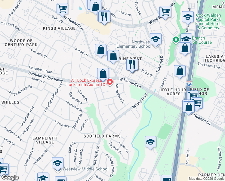 map of restaurants, bars, coffee shops, grocery stores, and more near 1735 Maize Bend Drive in Austin