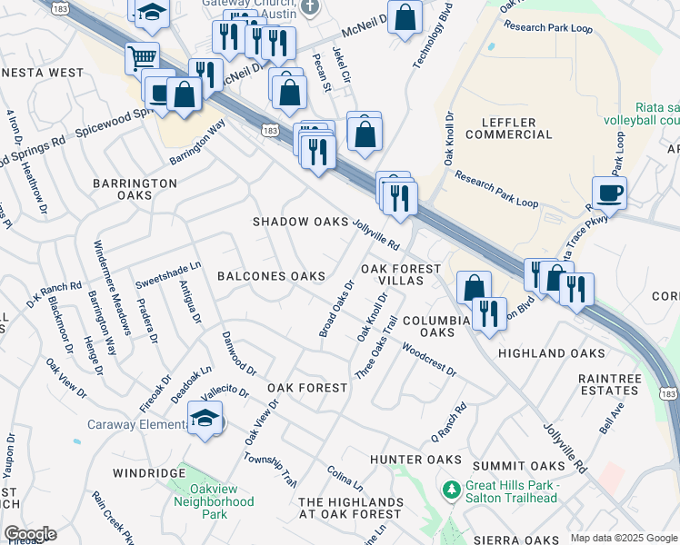 map of restaurants, bars, coffee shops, grocery stores, and more near 11900 Broad Oaks Drive in Austin