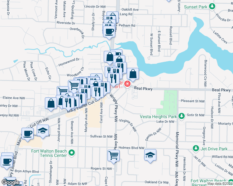 map of restaurants, bars, coffee shops, grocery stores, and more near 406 Marshall Court in Fort Walton Beach