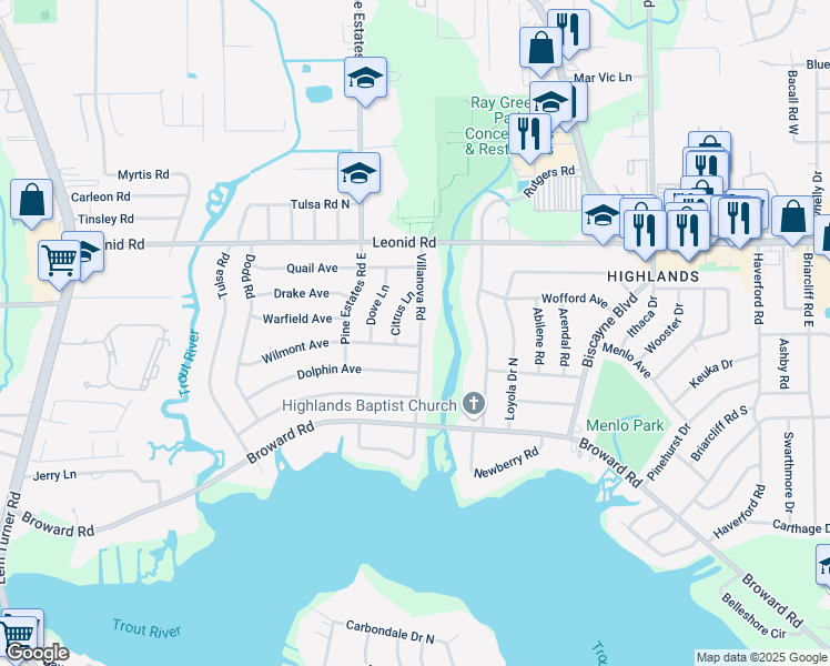 map of restaurants, bars, coffee shops, grocery stores, and more near 10546 Villanova Road in Jacksonville