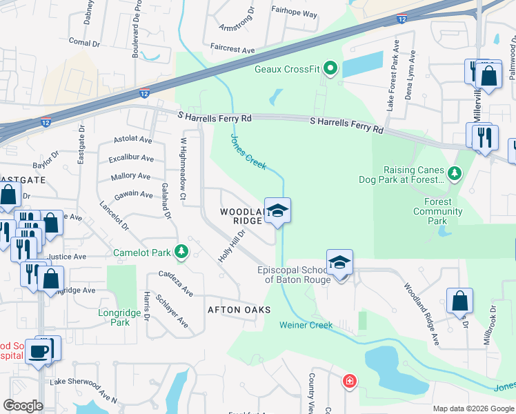 map of restaurants, bars, coffee shops, grocery stores, and more near 13013 Deerpath Way in Baton Rouge