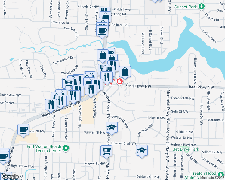 map of restaurants, bars, coffee shops, grocery stores, and more near 402 Mary Esther Cut Off Northwest in Fort Walton Beach