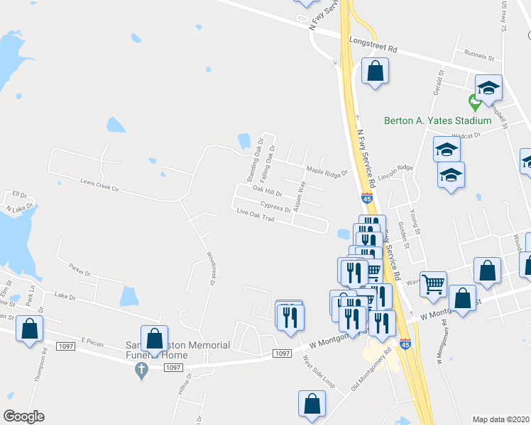 map of restaurants, bars, coffee shops, grocery stores, and more near 9626 Live Oak Trail in Willis