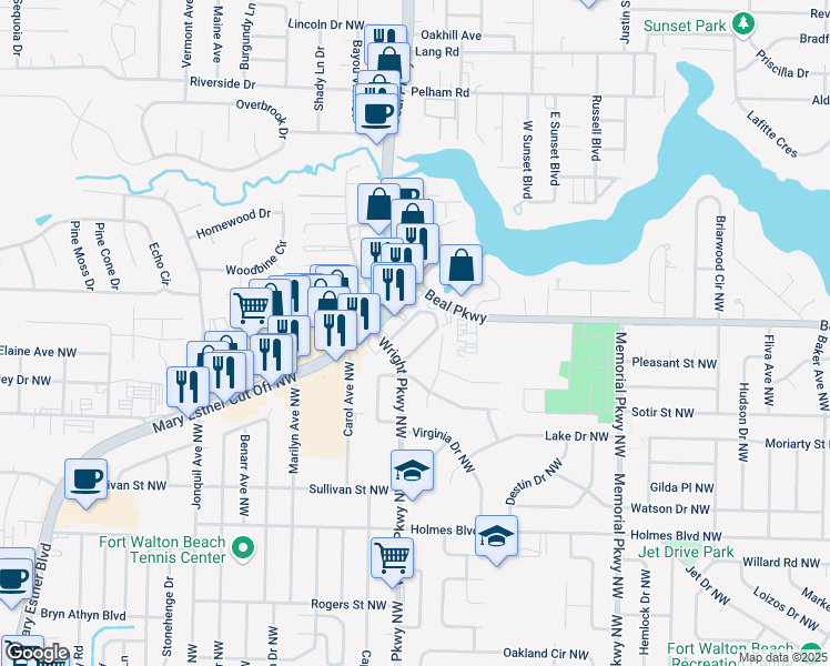 map of restaurants, bars, coffee shops, grocery stores, and more near 402 Marshall Court in Fort Walton Beach