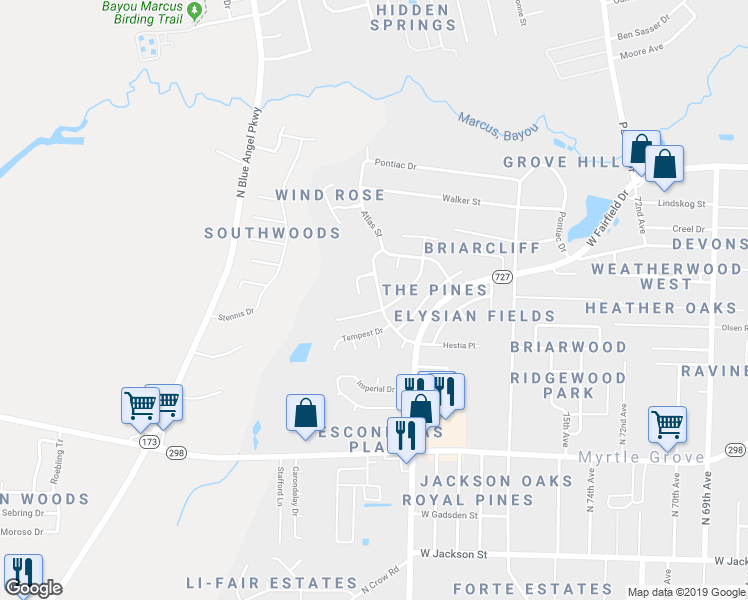 map of restaurants, bars, coffee shops, grocery stores, and more near 1307 Continental Drive in Pensacola