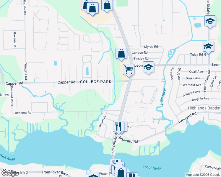 map of restaurants, bars, coffee shops, grocery stores, and more near 10595 Maidstone Cove Drive in Jacksonville