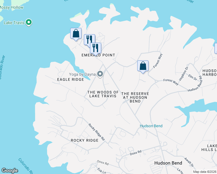 map of restaurants, bars, coffee shops, grocery stores, and more near 17025 Trail of the Woods in Austin