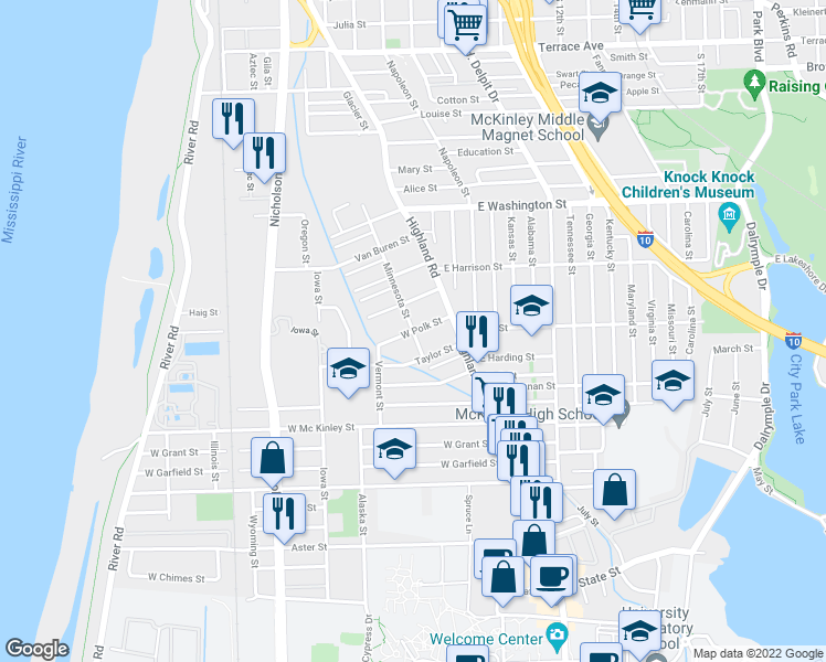 map of restaurants, bars, coffee shops, grocery stores, and more near 215 West Polk Street in Baton Rouge