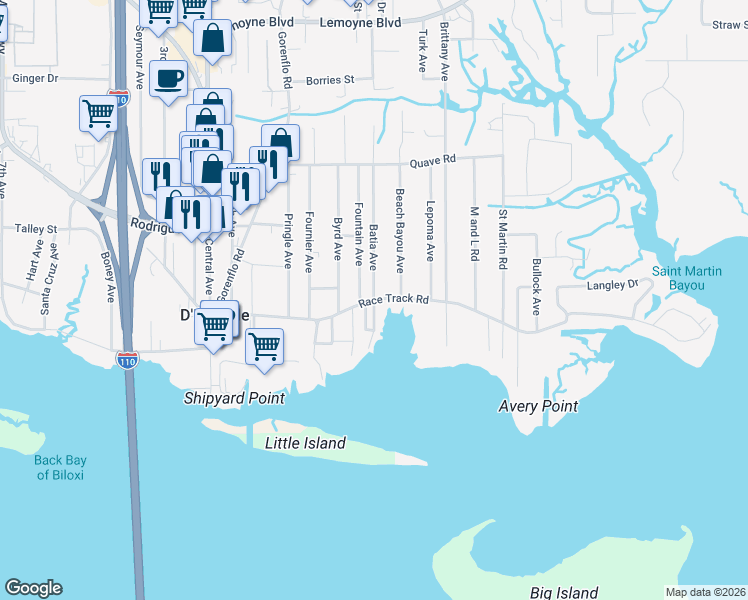 map of restaurants, bars, coffee shops, grocery stores, and more near 9490 Batia Avenue in D'Iberville