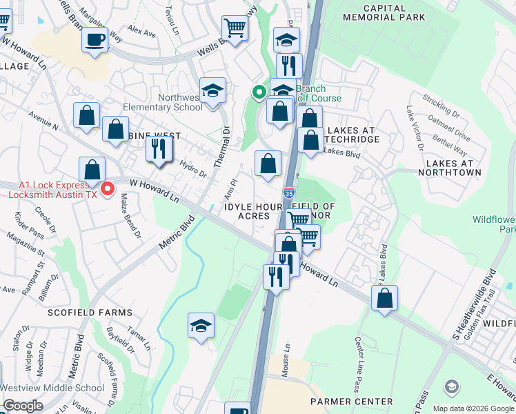 map of restaurants, bars, coffee shops, grocery stores, and more near 13805 Maye Place in Austin