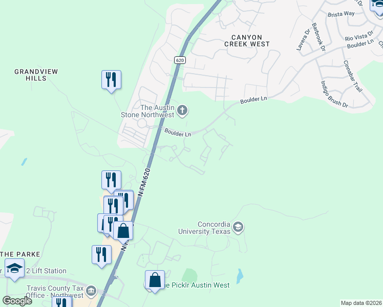 map of restaurants, bars, coffee shops, grocery stores, and more near 8801 North FM 620 in Austin