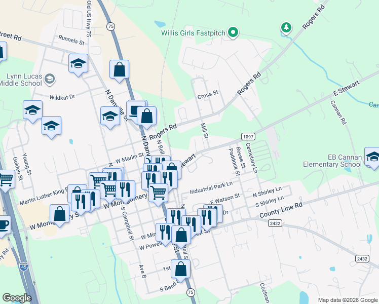 map of restaurants, bars, coffee shops, grocery stores, and more near 13 East Stewart in Willis