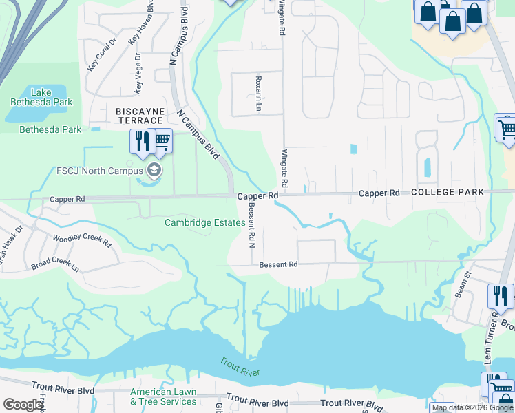 map of restaurants, bars, coffee shops, grocery stores, and more near 10565 Bessent Road North in Jacksonville
